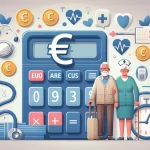 Illustration of a 24-Stunden-Pflege Kosten Rechner showing various elements related to elderly care cost calculations, including a calculator, elderly couple, and Euro symbols.