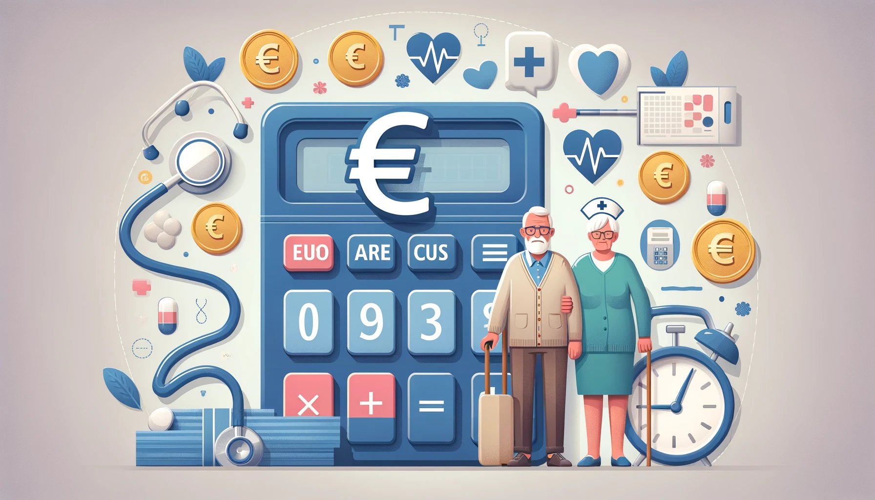 Illustration of a 24-Stunden-Pflege Kosten Rechner showing various elements related to elderly care cost calculations, including a calculator, elderly couple, and Euro symbols.